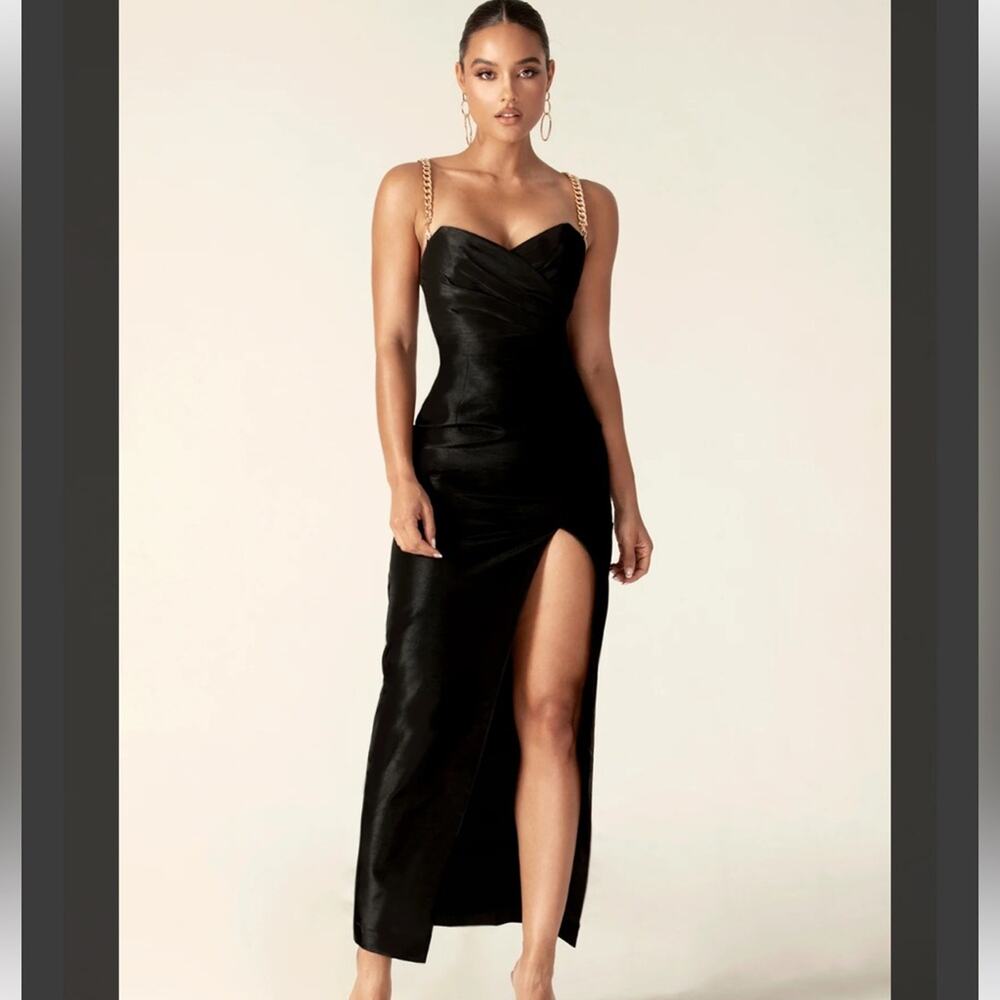 Alieva Dulce Dupioni Maxi Dress Sz L Black Gold Chain Strap Slit Glam Evening